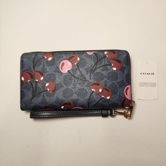 NWT Coach CZ328 Long Zip Around Wallet Denim Signature Canvas Cherry Print V2 - Picture 2 of 4